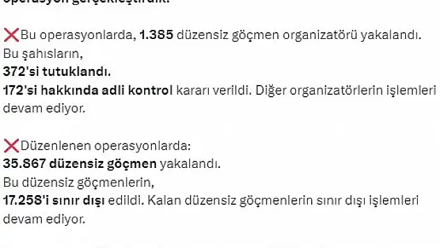 Bakan Yerlikaya “Bin 385 düzensiz göçmen organizatörü yakalandı”