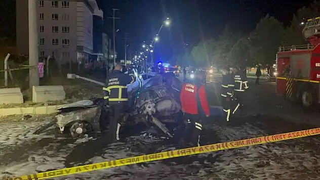 Elektrik direğine çarpan otomobil yandı