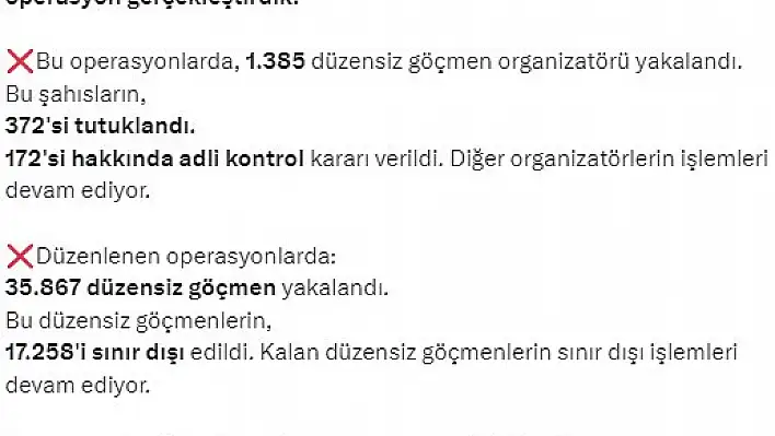 Bakan Yerlikaya “Bin 385 düzensiz göçmen organizatörü yakalandı”