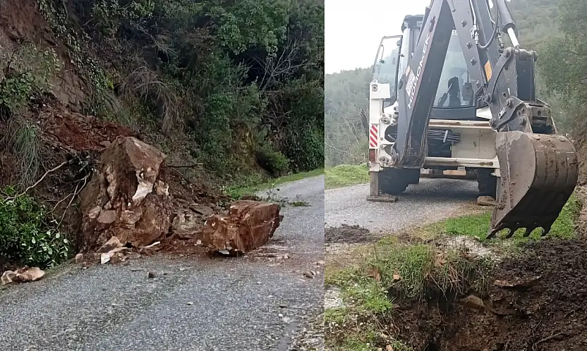 Tire'de dev kayanın yolu kaplaması sonrası müdahale